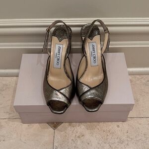 Jimmy Choo Metallic Bronze-Gold Peep Toe Slingback Heels